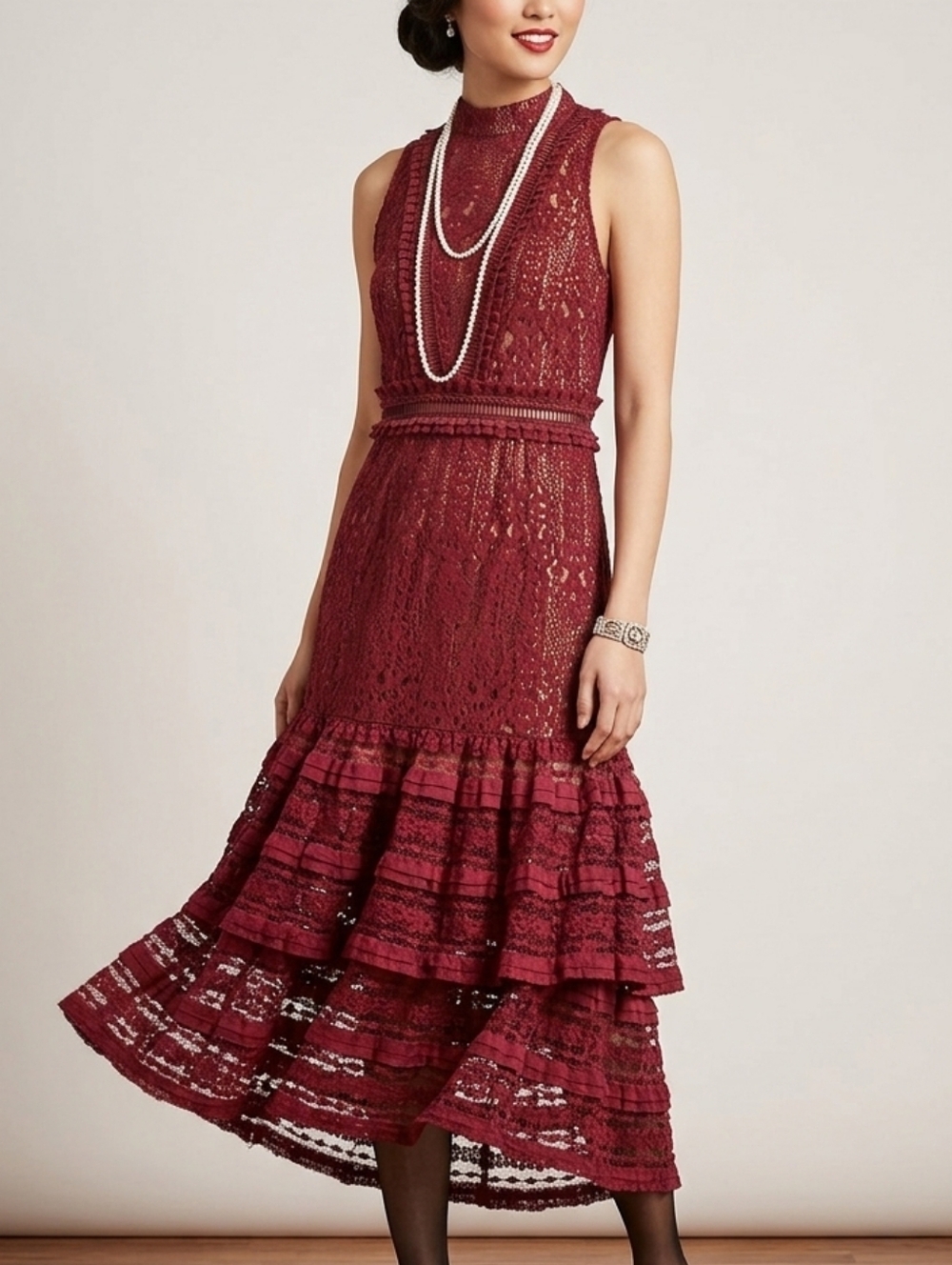 Endless Rose Burgundy Lace Mock-Neck Tiered Midi Dress